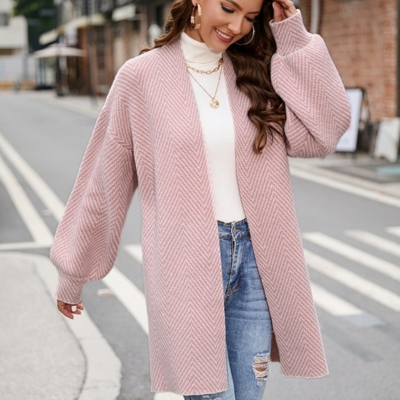 New Cozy Chic Chevron Stripe Knit Cardigan Sweater Duster Pink Off White - Picture 1 of 8